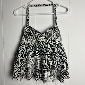 Island Escape Women Tankini Top 10 Geometric Tiered Halter Swim Black White